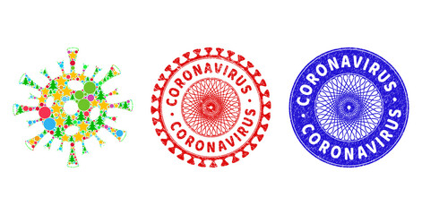 Coronavirus composition of Christmas symbols, such as stars, fir-trees, color round items, and CORONAVIRUS grunge stamp prints. Vector CORONAVIRUS watermarks uses guilloche pattern,