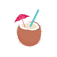 coconut drink with straw and decorative umbrella, vector illustration