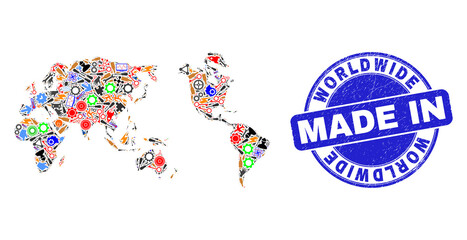Production mosaic worldwide map and MADE IN distress stamp. Worldwide map composition composed with wrenches,cogs,instruments,,keys,airplanes,aircrafts,air planes,aviation symbols,cars,strikes,bugs.