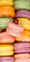 Macarons Muster auf weißem Hintergrund. Bunte französische Desserts. Ansicht von oben	
