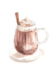 Watercolor Christmas sweet drink in a glass transparent cup.