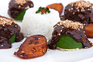 Mexican mole, chicken rolls with Mexican mole, sesame, rice and fried plantain on white background