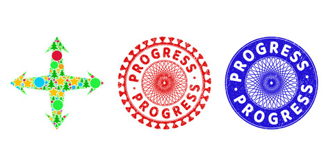 Expand composition of Christmas symbols, such as stars, fir-trees, multicolored round items, and PROGRESS textured seals. Vector PROGRESS stamps uses guilloche ornament,