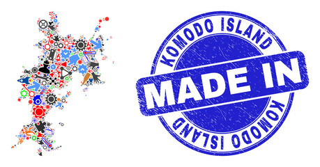 Development Komodo Island map mosaic and MADE IN scratched rubber stamp. Komodo Island map mosaic created with wrenches,wheel,instruments,elements,transports, electric strikes,rockets.