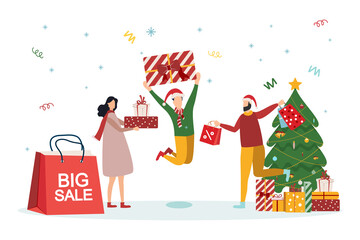 Sale, happy people and big shopping bag isolated vector illustration. Big New Year and Christmas sale.