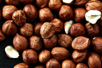 Close up of Hazelnut kernels - Food Frame Background, macro detailed close up.