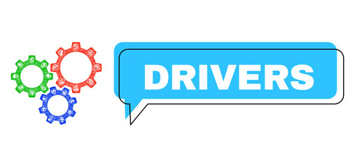 Chat Drivers blue bubble message and net mesh gear box. Frame and colored area are shifted to Drivers text, which is located inside blue bubble. Vector quote caption inside message frame.