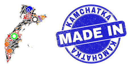 Industrial mosaic Kamchatka map and MADE IN scratched stamp. Kamchatka map mosaic formed with wrenches, gearwheels,screwdrivers,,keys,airplanes,aircrafts,air planes,aviation symbols,power sparks,