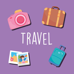 travel design with vacation photos and related icons, colorful design