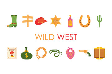 Wild west icons collection, colorful design