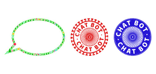 Hint cloud composition of New Year symbols, such as stars, fir trees, bright spheres, and CHAT BOT rough seals. Vector CHAT BOT stamp seals uses guilloche pattern, designed in red and blue variants.