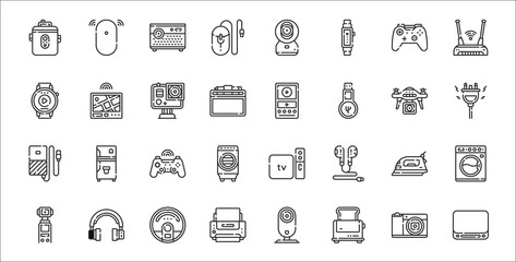 set of 32 electronic devices thin outline icons such as mac, toaster, printer, camera, iron, game controller, plug, ipod, gps - obrazy, fototapety, plakaty