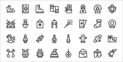 set of 32 christmas presents thin outline icons such as bell, handbag, cake, earmuffs, watch, candy, wreath, fireworks, snowman