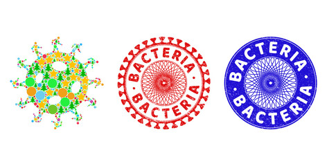 Fototapeta premium Human virus collage of Christmas symbols, such as stars, fir trees, multicolored round items, and BACTERIA unclean stamp seals. Vector BACTERIA stamps uses guilloche pattern,
