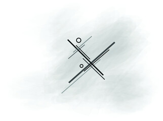 Abstract, Suprematist geometric composition with black and gray rectangles, lines and circles on a watercolor background