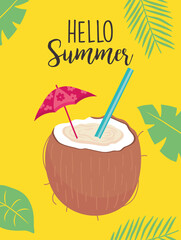 hello summer design with coconut cocktail icon, colorful design
