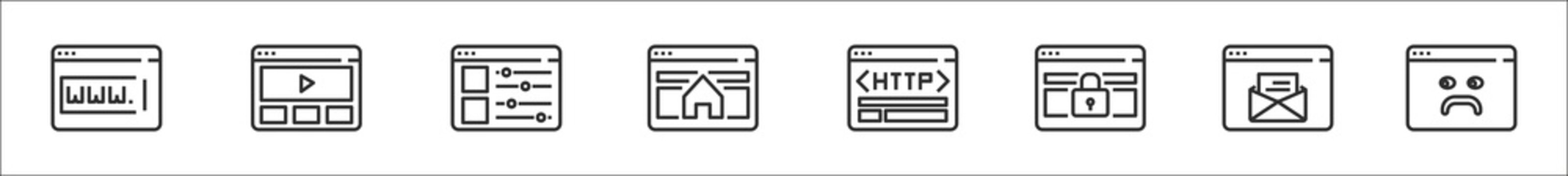 Set Of 8 Interface Browser Thin Outline Icons Such As Www, Media, Adjustments, Homepage, Http, Lock, Email, Bad