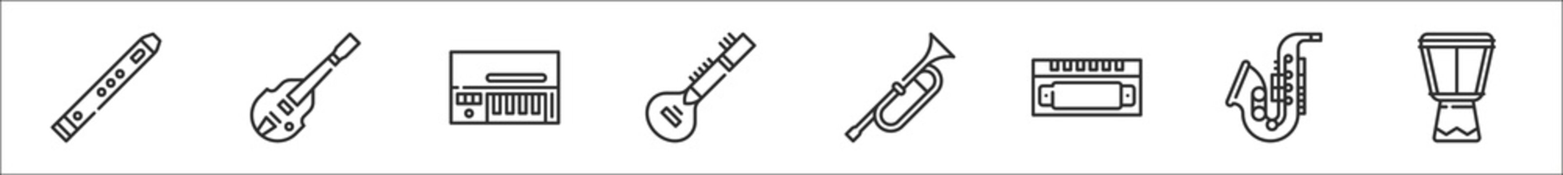 set of 8 music instruments thin outline icons such as flute, bass, clavinet, sitar, trumpet, harmonica, saxophone, djembe