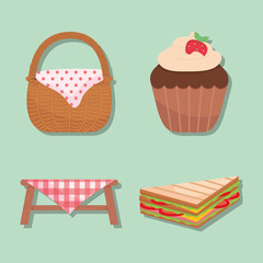 picnic basket and related icons set, colorful design
