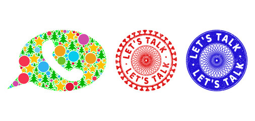 Phone message composition of New Year symbols, such as stars, fir trees, colored spheres, and LET'S TALK unclean seals. Vector LET'S TALK stamp seals uses guilloche ornament,