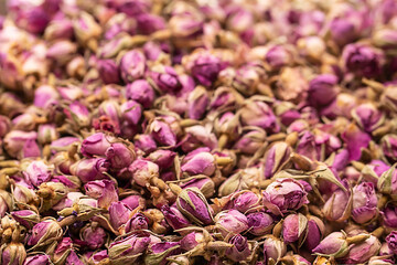 Delicate petals and fragrant rosebuds for herbal tea at the Grand Bazaar in Istanbul. Gastronomic tourism in Turkey.