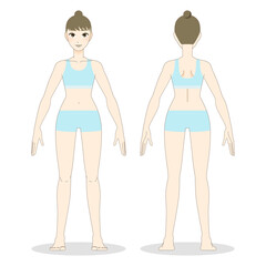 前後から見た青いウェアを着た若い女性の全身 : フラットなベクターイラスト