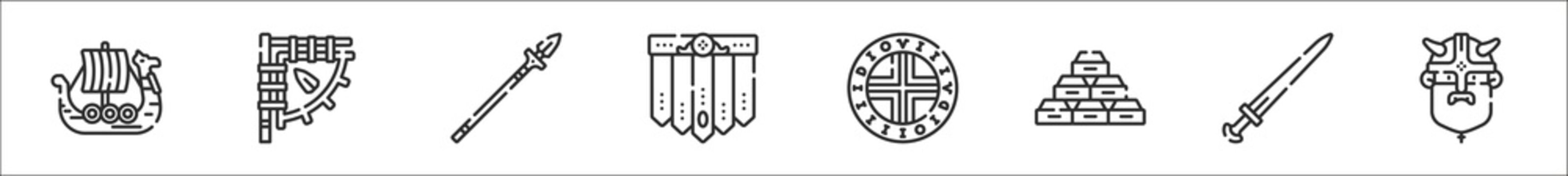 set of 8 viking thin outline icons such as viking ship, flag, spear, skirt, coin, gold, sword, viking