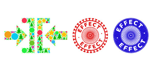 Press horizontal direction composition of New Year symbols, such as stars, fir-trees, colored circles, and EFFECT grunge seals. Vector EFFECT stamp seals uses guilloche ornament,