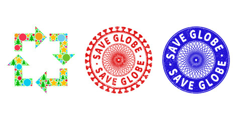 Recycle mosaic of Christmas symbols, such as stars, fir-trees, multicolored spheres, and SAVE GLOBE corroded stamp seals. Vector SAVE GLOBE stamp seals uses guilloche ornament,