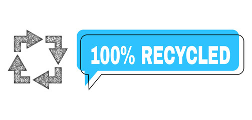 Speech 100% Recycled blue cloud frame and wire frame recycle. Frame and colored area are misplaced to 100% Recycled text, which is located inside blue speech balloon.