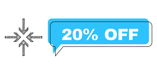 Speech 20% Off blue cloud frame and crossing mesh reduce arrows. Frame and colored area are shifted for 20% Off label, which is located inside blue colored speech balloon.