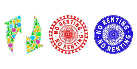 Refresh collage of New Year symbols, such as stars, fir-trees, colored circles, and NO RENTING rubber stamp prints. Vector NO RENTING stamp seals uses guilloche pattern,