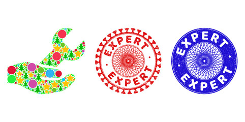 Repair service composition of New Year symbols, such as stars, fir trees, colored round items, and EXPERT rough seals. Vector EXPERT stamp seals uses guilloche ornament,