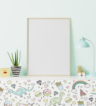 poster frame mockup in children's room standing of chest of drawers with funny kids print, with light blue wall on background, 3d rendering
