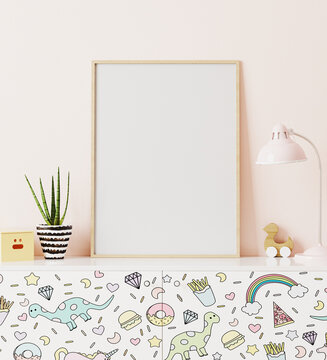 poster frame mockup in children's room standing of chest of drawers with funny kids print, with light pink wall on background, 3d rendering