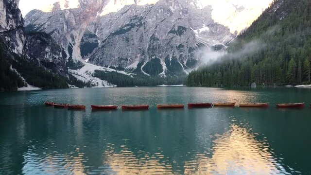 Over Braies Lake in Italy, Aerial View