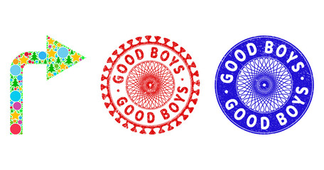 Turn right mosaic of Christmas symbols, such as stars, fir trees, multicolored round items, and GOOD BOYS unclean stamp prints. Vector GOOD BOYS stamp seals uses guilloche pattern,