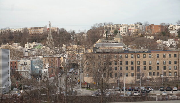 Row Homes Apartments on Hills of Manayunk from Expressway in Winter