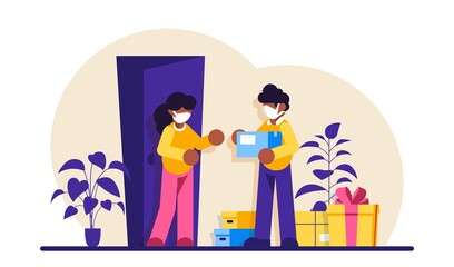 Courier hands over the parcel to the client. Express delivery of packages, goods to the home. Parcels delivery service. Vector illustration, flat design cartoon style. Online delivery