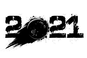 Abstract numbers 2021 and bowling ball made of blots in grunge style. 2021 New Year on an isolated background. Design pattern. Vector illustration