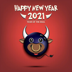Happy New year. 2021 year of the bull. Cute muzzle bull in the form of a bowling ball. Bowling ball made in the form of a cow. Greeting card design template with for 2021 new year. Vector illustration