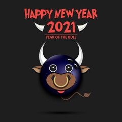 Happy New year. 2021 year of the bull. Cute muzzle bull in the form of a bowling ball. Bowling ball made in the form of a cow. Greeting card design template with for 2021 new year. Vector illustration