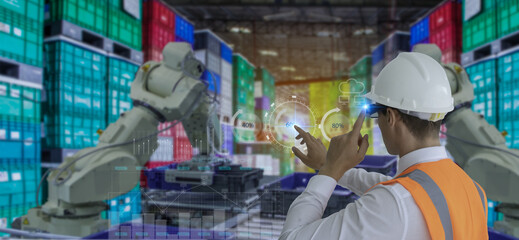 Industry 4.0 Robot concept .Engineers are using virtual AR to maintain and check the work of human robot in the 4.0 Smart Factory.