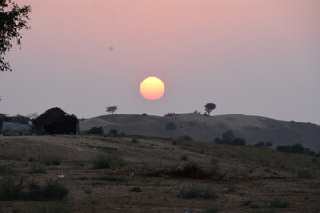 Beautiful view of the sunrise in the sand dunes of Rajasthan