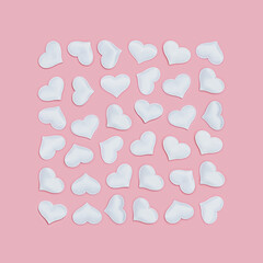 White hearts inscribed in square shape on pink fon. Holiday background for Valentines Day. Love concept. Plain colored. Minimal style.