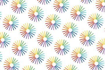 Rainbow color wooden sticks on white. Pattern from multicolored abstract rainbow circles.