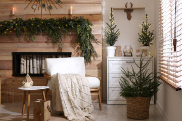 Beautiful room decorated for Christmas with potted firs. Interior design