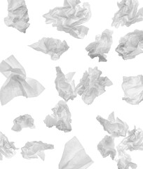 Set with used crumpled paper tissues on white background