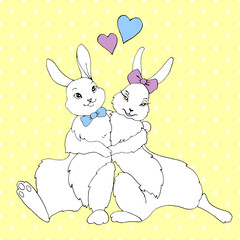 Cute hugging happy bunnies, rabbits, hares on background of polka dots. Seamless pattern. Contour illustration for Valentine's Day, Easter, coloring book, postcard, web. Outline hand drawn