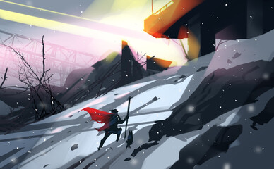 Digital illustration painting design style man and his dog walking is on snow and going to abandoned building, against sunrise and falling snow.